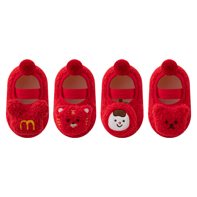 23 Otoño e Invierno engrosado forro de lana con cordones muñeca zapatos de bebé calcetines infantiles niños antideslizantes zapatos de niño zapatos de piso rojo
