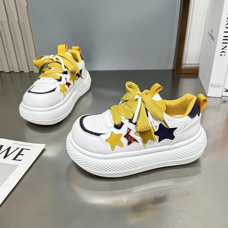 Zhao Lusi 6cm Ultra-High Thick-Soled Star-Patterned White Sneakers for Women, 2026 New Model, Sporty Casual Ugly-Cute Chunky Shoes