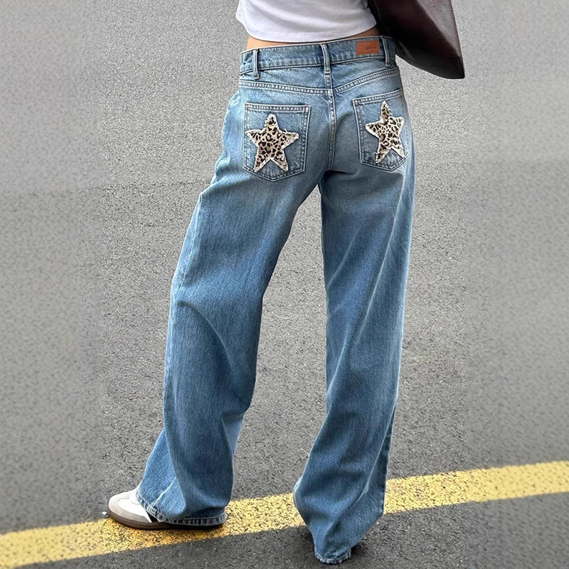 Cross-Border New American Retro Leopard Print Star Patch Jeans Women's Street Loose Vintage Straight Pants