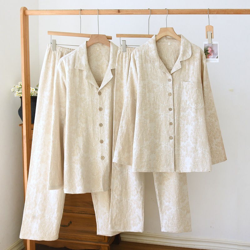 棉麻睡衣女长袖春秋季情侣简约提花夏天薄款男女家居服套装可外穿