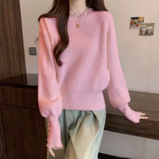 重工钉珠半高领慵懒风毛衣女秋冬季新款韩系温柔气质显瘦针织上衣