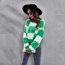 实拍 棋盘格落肩长袖宽松短款针织毛衣女套头格子 速卖通跨境专供