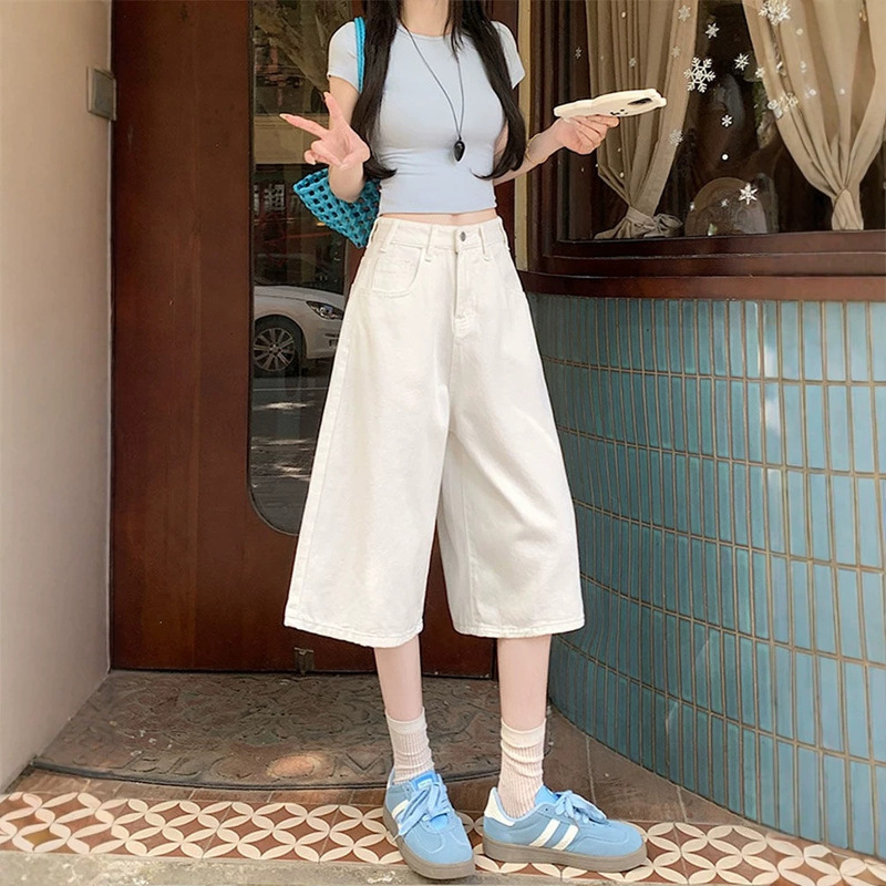 American high street style white wide-leg cropped denim shorts for women, summer high-waisted plus-size slimming loose straight shorts