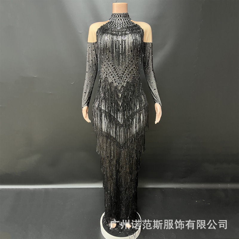 Original Accessible Luxury High-End Black Tassel Rhinestone Long Dress Annual Meeting Singer Host Cocktail Party Evening Dress