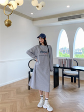 韩国辛苦冬季慵懒风圆领无开叉字母印花灰色卫衣裙连衣裙简约潮流