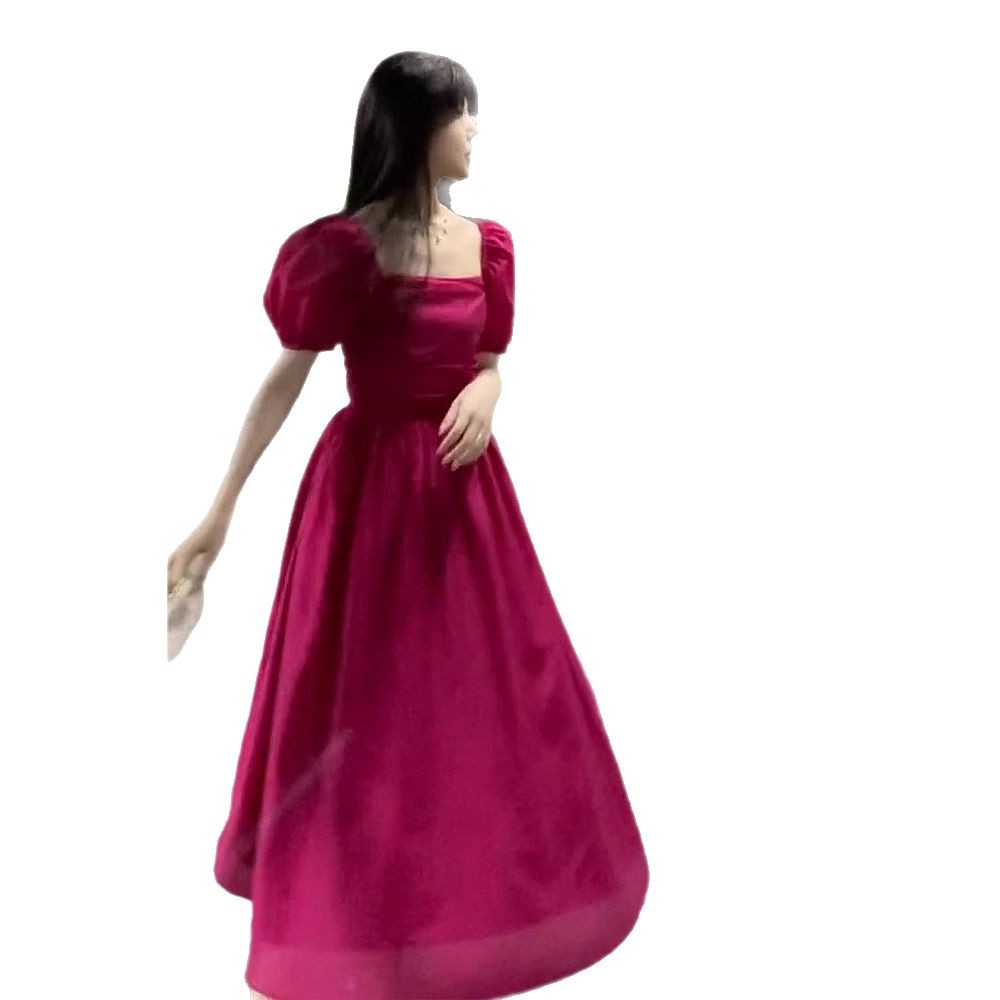 Đầm suông midi họa tiết hoa hồng đỏ tay ngắn cổ tròn — Váy liền màu đỏ hoa hồng