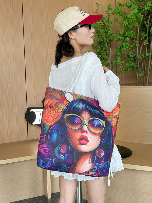 国境を越えた人気のフォレストブラックガールプリントショルダーバッグ太いロープトートバッグファッショナブルな大容量レディースバッグメーカー卸売|undefined