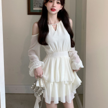 里布+拉链法式长袖杏色连衣裙女2024秋季新款仙气收腰雪纺短裙子