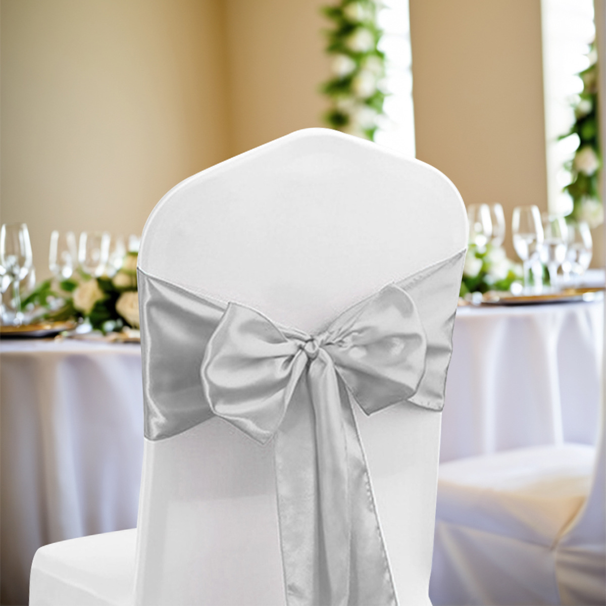 Accesorios de lazo de flor de respaldo de silla de satén de cinco bellezas transfronterizas Suministros generales de decoración de boda Funda de silla elástica Decoración de lazo