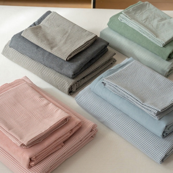 100% Pure Cotton Four-Piece Set, All-Cotton Yarn-Dyed Washed Cotton Fine Checkered Striped Bedding Set, Duvet Cover, Bed Sheet, Three-Piece Set Wholesale