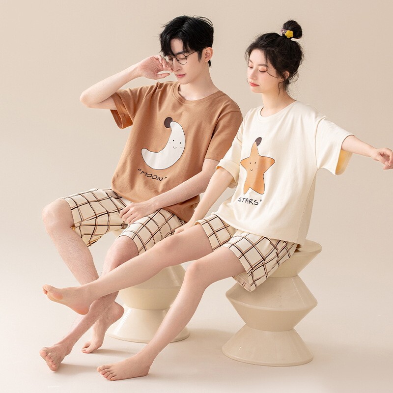 Summer Thin Cotton Couple Pajamas Women's Short-sleeved Shorts Cartoon Cute Casual plus size Outwear Men's Home Clothes