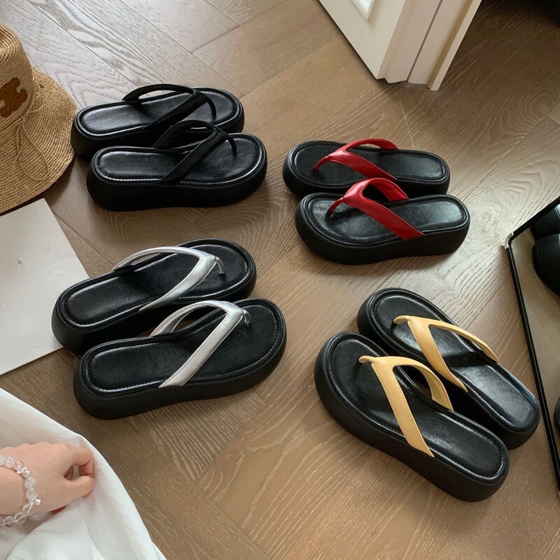 Grape Mom 5cm Thick-Soled Flip-Flops for Women, Summer Outdoor Wear, 2026 Model, Elastic and Comfortable, Leather Surface, Beach Vacation Thong Sandals
