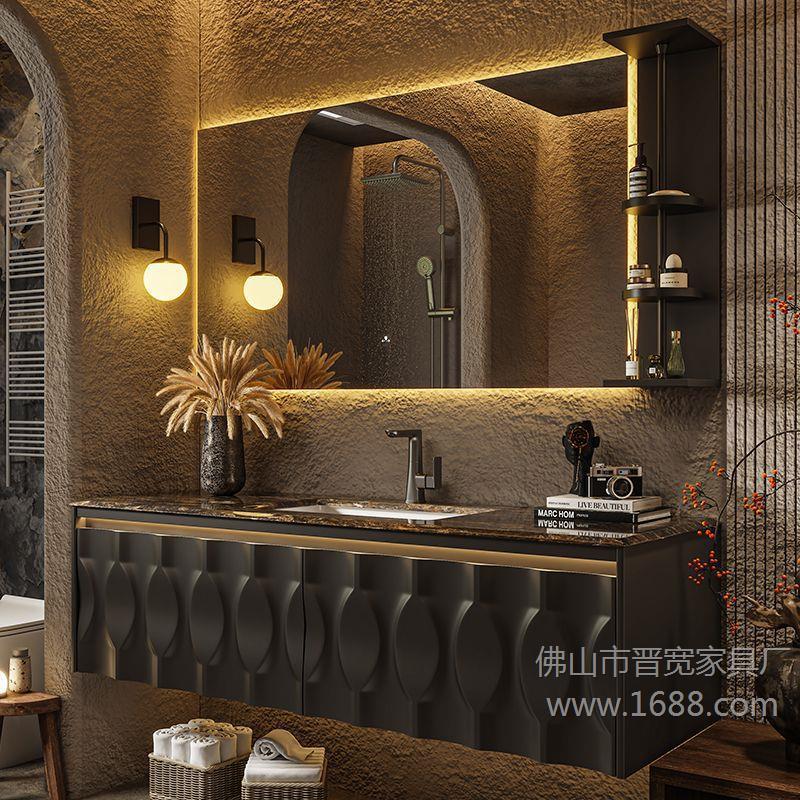 Jinkuan designer's new modern light-luxury style bathroom cabinet set with luxurious stone countertop, bathroom washstand, and sink Jinkuan designer's new modern light-luxury style bathroom cabinet set with luxurious stone countertop, bathroom washstand, and sink