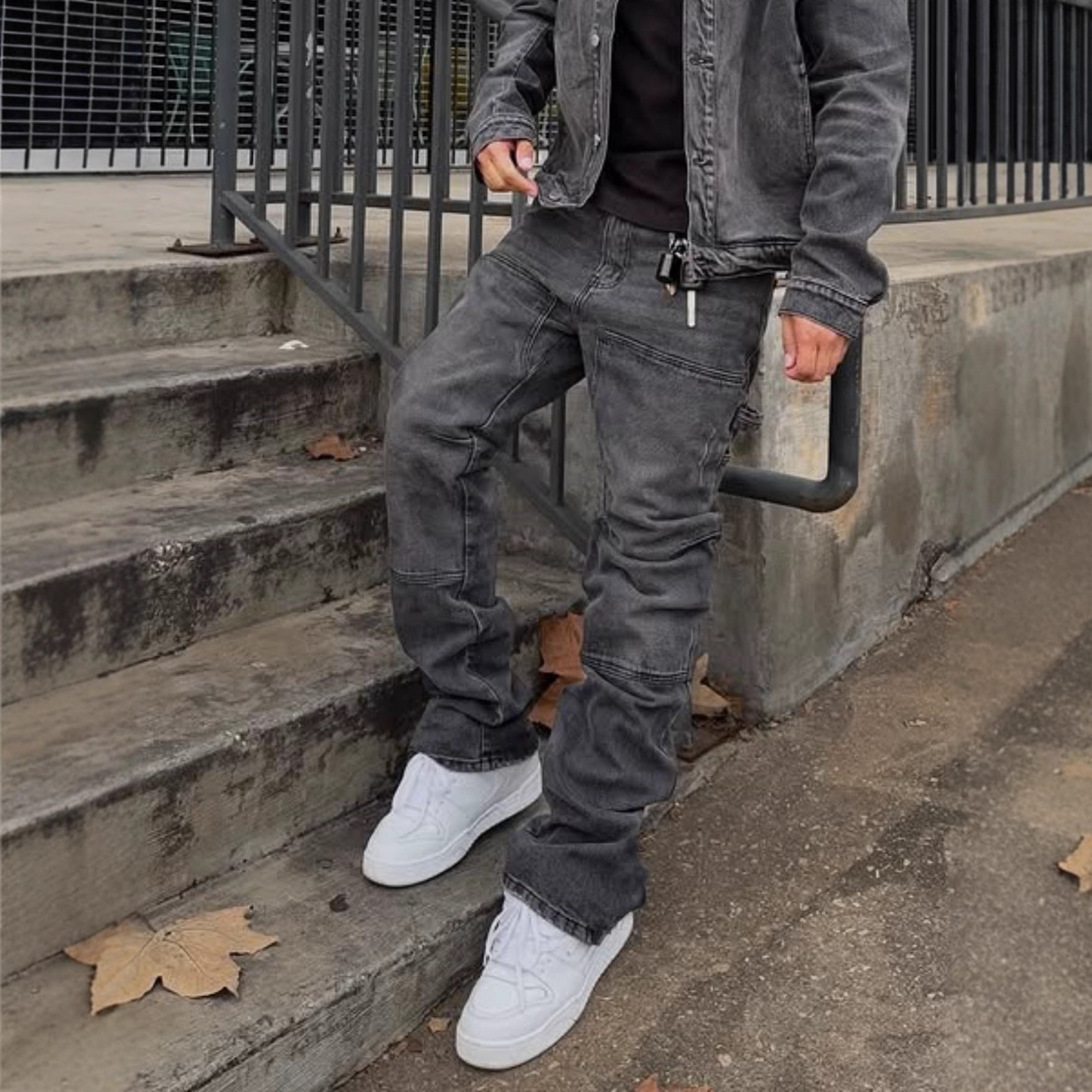 Men's Loose Fit Wide Leg Jeans Casual Ripped Hip Hop Style Stretch Flare Long Pants mid Waist Blue_mkmklike.com