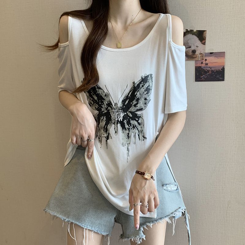 Camiseta de manga corta sin tirantes con estampado de mariposa de gran tamaño para mujer 2024 verano nuevo estilo suelto y delgado top de mm para mujer image 8