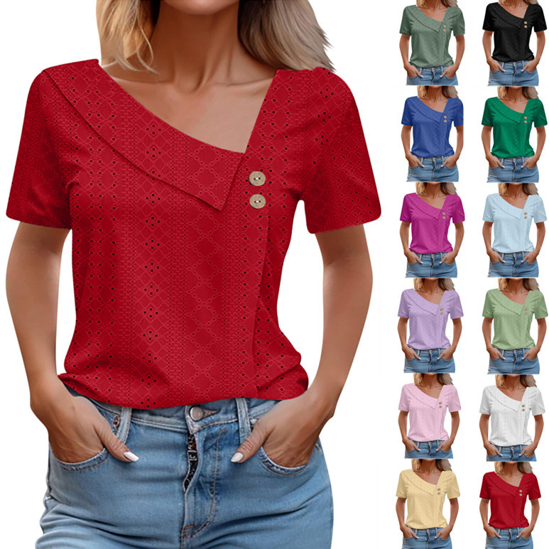 Cross-Border 2026 Amazon Temu Aliexpress V-Neck Button Solid Color Hollow-Out Short-Sleeve Women's Top T-Shirt Short Style