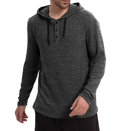 Men's European and American Autumn/Winter Long Sleeve Casual Hooded T-shirt with Corded Hood and Button Base Layer Top
