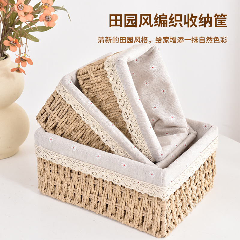 Woven Desktop Storage Basket for Miscellaneous Items, Keys, Snacks, Imitation Rattan Storage Basket with Lid, Cosmetic Paper Rope Woven Basket