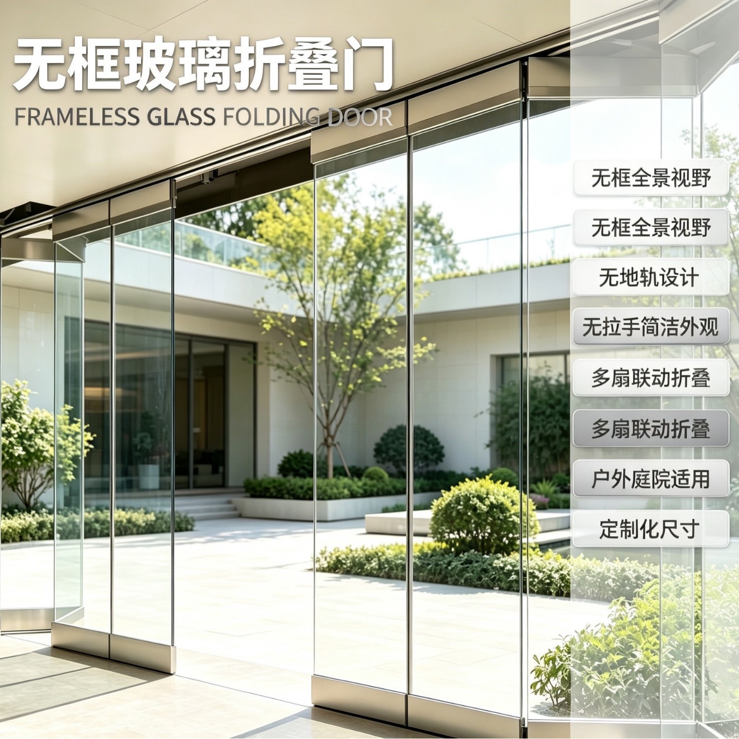 佛山无框玻璃折叠门 全景阳台庭院阳光房户外落地玻璃推拉隔断门