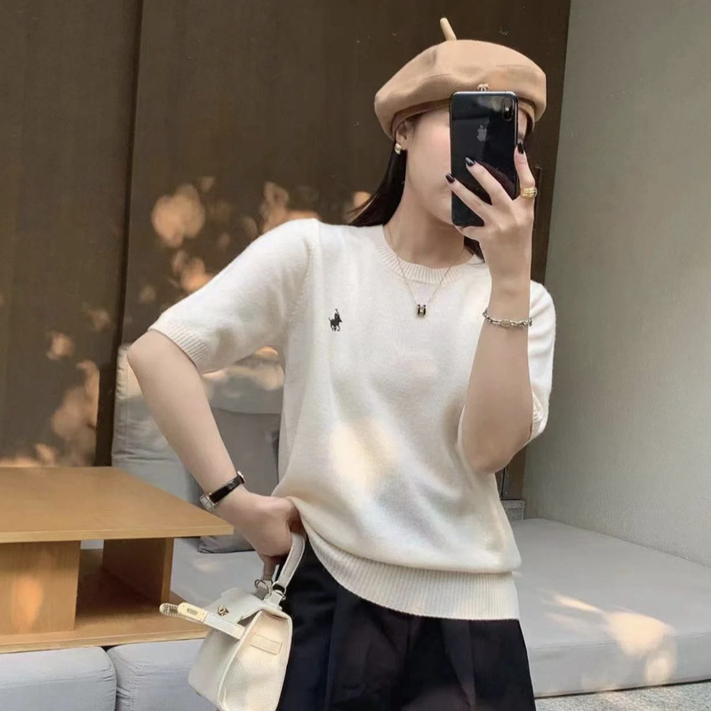 -BD0527A shot 81% imported Peruvian horse cotton horse thorn show short sleeve sweater