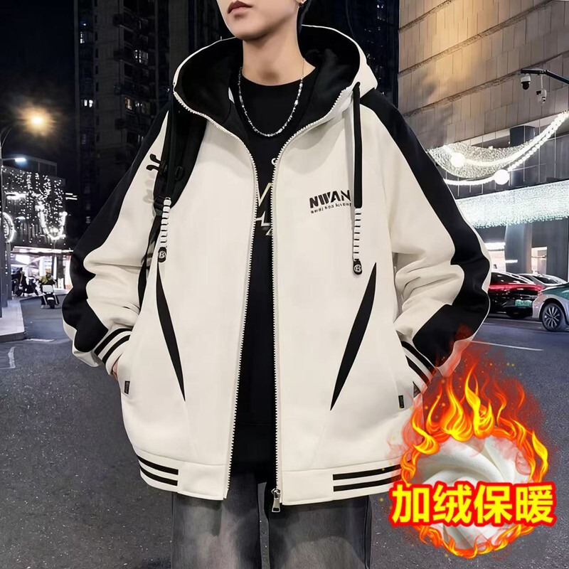 Winter Youth Fleece-Lined Thickened Hooded Jacket for Men, Loose Fit, Oversized Trendy Student Baseball Jacket