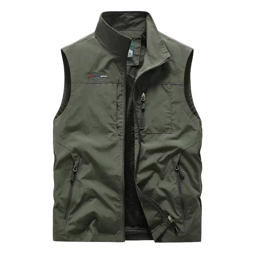 Chaleco de hombre primavera y otoño de bolsillo al aire libre de secado rápido de mediana edad herramientas deportivas de ocio chaleco de color sólido suelto chaqueta