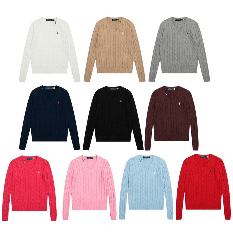 Cross-Border Short-Sleeved Sweater with Qr Code, New Rl Sweater with Pony Logo Embroidery, Twist Knit Long-Sleeved Versatile Solid Color V-Neck Women's Top