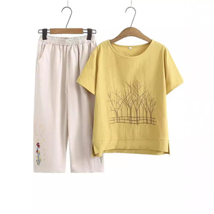 Ladieswear's Day Mom Summer Style Cotton and Linen Suit Middle-aged and Elderly Women's Short-sleeved T-shirt Grandma Summer Cotton and Linen Top