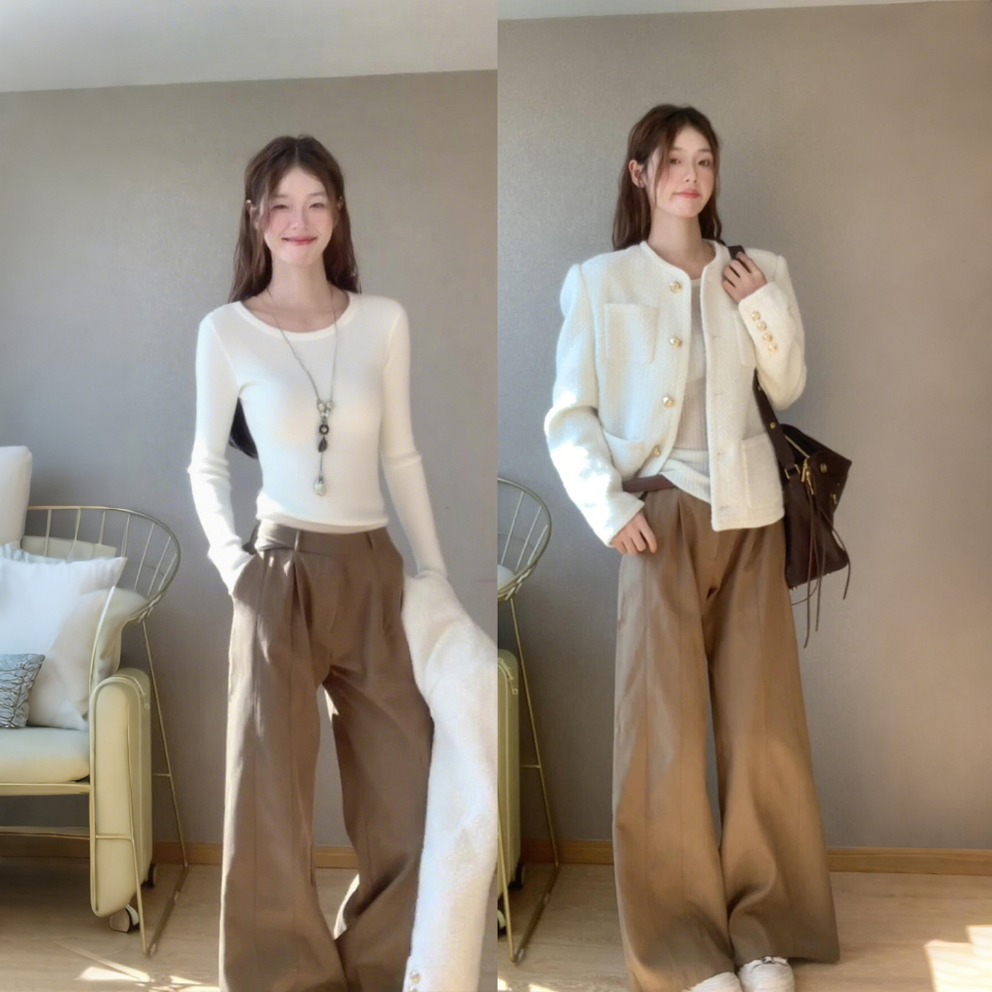 白色u领正肩长袖小香风内搭打底衫t恤女秋冬天衣修身早秋季穿搭