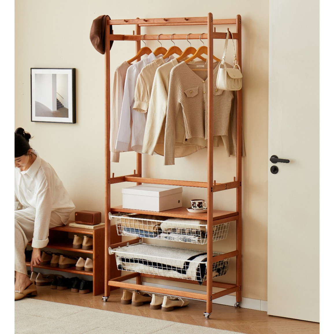 All-Solid Wood Four-Season Coat Rack, Floor-Standing Bedroom Cherry Wood Storage Rack, Sliding Storage Basket, Clothes Rack for Small Apartments