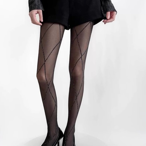 Grey system grey silver thread cross diamond black thread design sense lines sexy base tights for women thin version