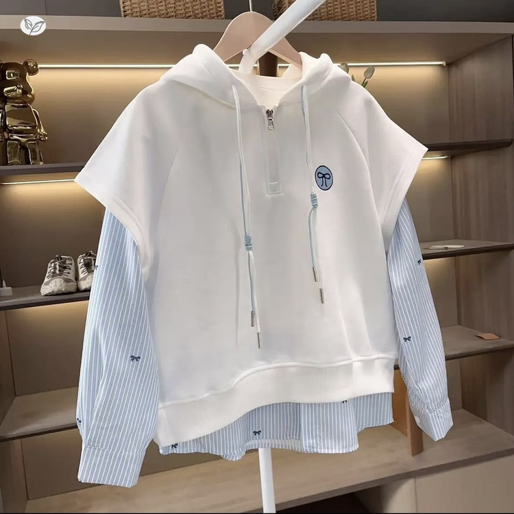 Girls Sweatshirt 2025 Autum New Fake Two-Piece Stripesd Sweatshirt for Middle and Large Kidsren Spliced Long-Sleeved Sweatshirt Spring and Autum