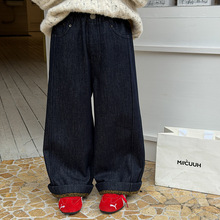 【加绒】韩版童裤2025冬新品中大小女童洋气精致豹纹翻边牛仔裤