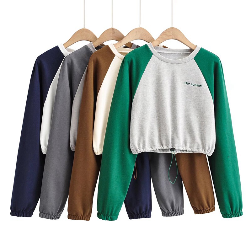 Fall 2021 new European and American style contrast color tight waist hooded sports casual loose high waist short sweater women's fashion Fall 2021 new European and American style contrast color tight waist hooded sports casual loose high waist short sweater women's fashion