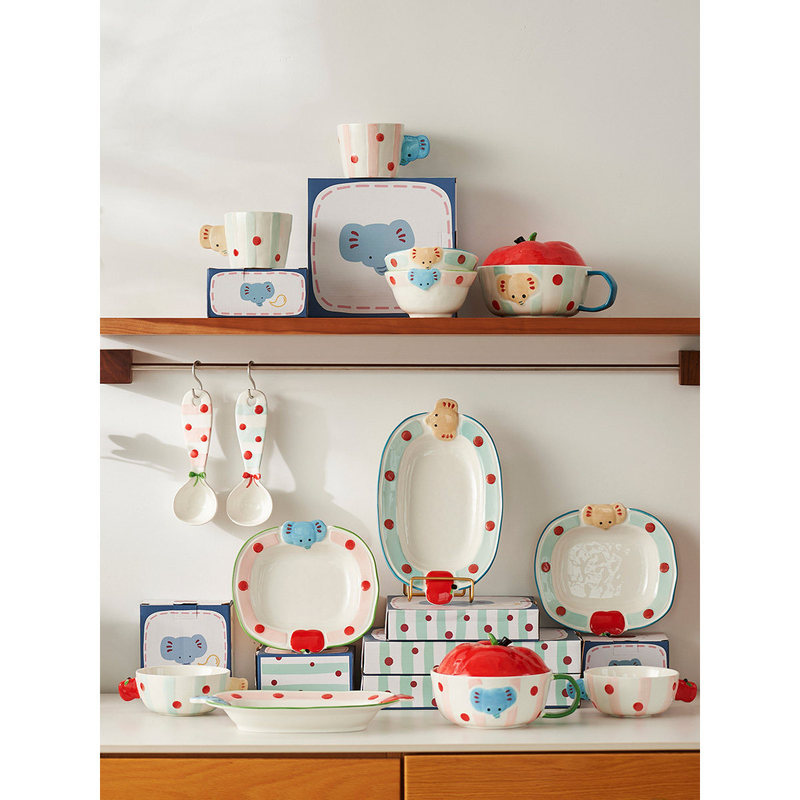 Cute Ceramic Underglaze Color Bowl and Plate Set for Home Use, Birthday, Wedding, Housewarming Gift Cute Ceramic Underglaze Color Bowl and Plate Set for Home Use, Birthday, Wedding, Housewarming Gift