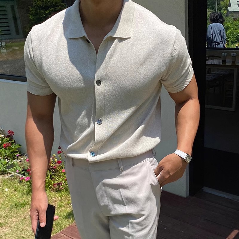 Verano nuevo estilo cardigan suéter de manga corta camisa POLO para hombre solapa negocio delgado moda camiseta comercio exterior transfronterizo al por mayor