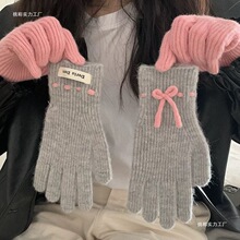 毛线针织蝴蝶结手套女学生可爱韩版秋冬骑行保暖潮韩国露指灰色
