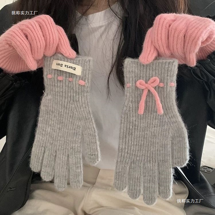 Wool Knitted Bow Gloves for Female Students, Cute Korean Style Autumn and Winter Cycling Warm Trendy Korean Fingerless Gray