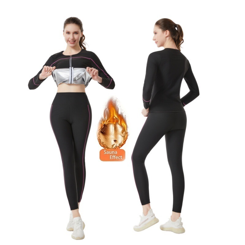 Cross-Border Shapewear Sweat High-Waist Tummy Control Pants Yoga Suit Sports Sauna Zipper Long-Sleeved High-Neck Fitness Suit