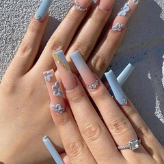 Blue Gradient Small Floral Diagonal French-Style Long Nail Tips—Ballet-Inspired Wearable, Detachable Nail Extensions for Stunning Manicures
