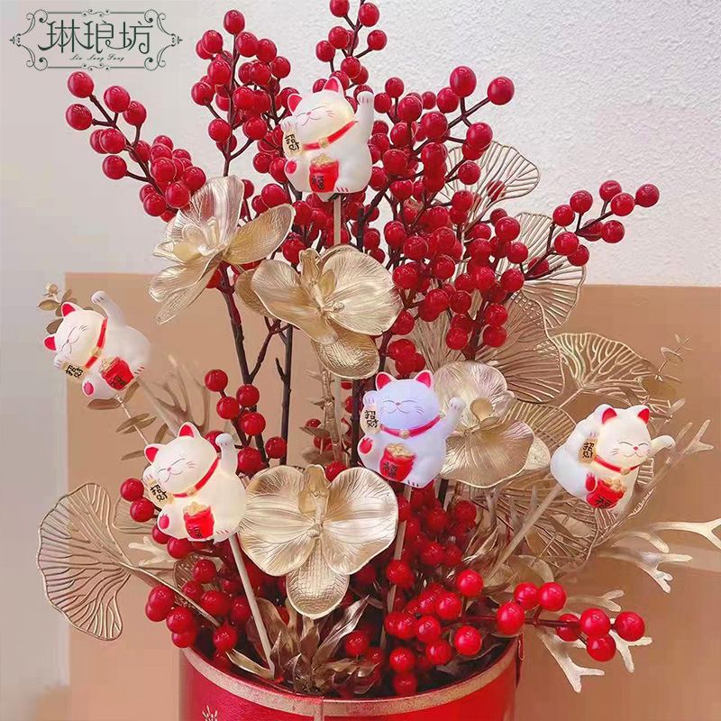 Luminoso gato afortunado Año Nuevo festivo de Año Nuevo flor bendición cubo decoración flores embalaje de regalo auspicioso floral Cadena de luz electrónica