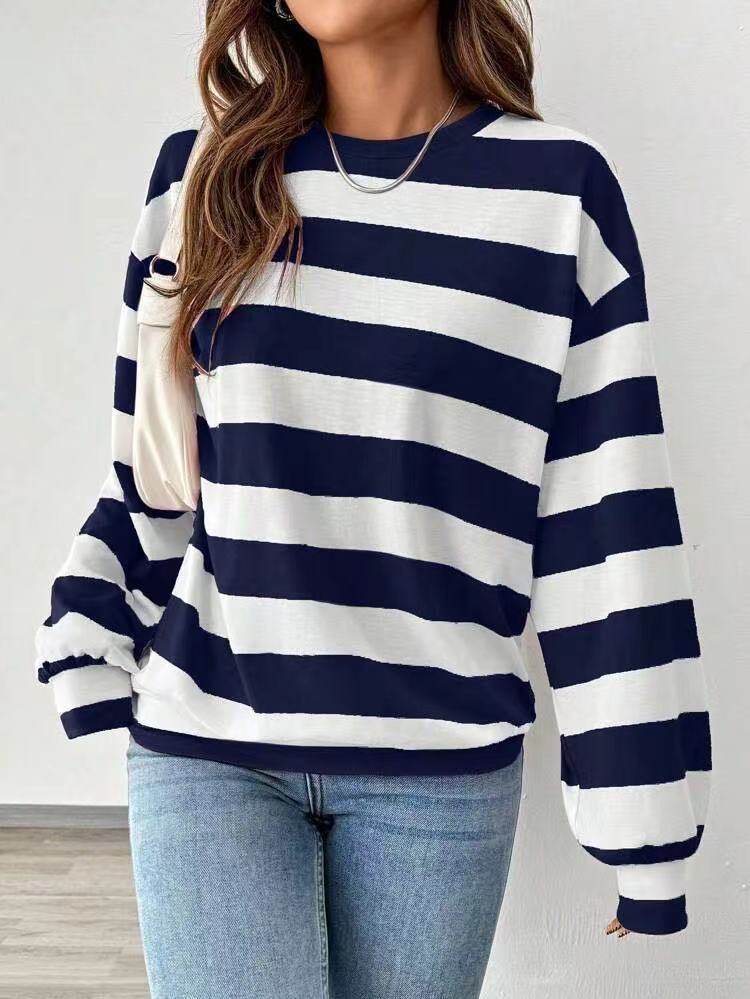's New Cross-border Loose Striped Long-sleeve T-shirt For Women, Korean Style Versatile Top_ecoleips.com