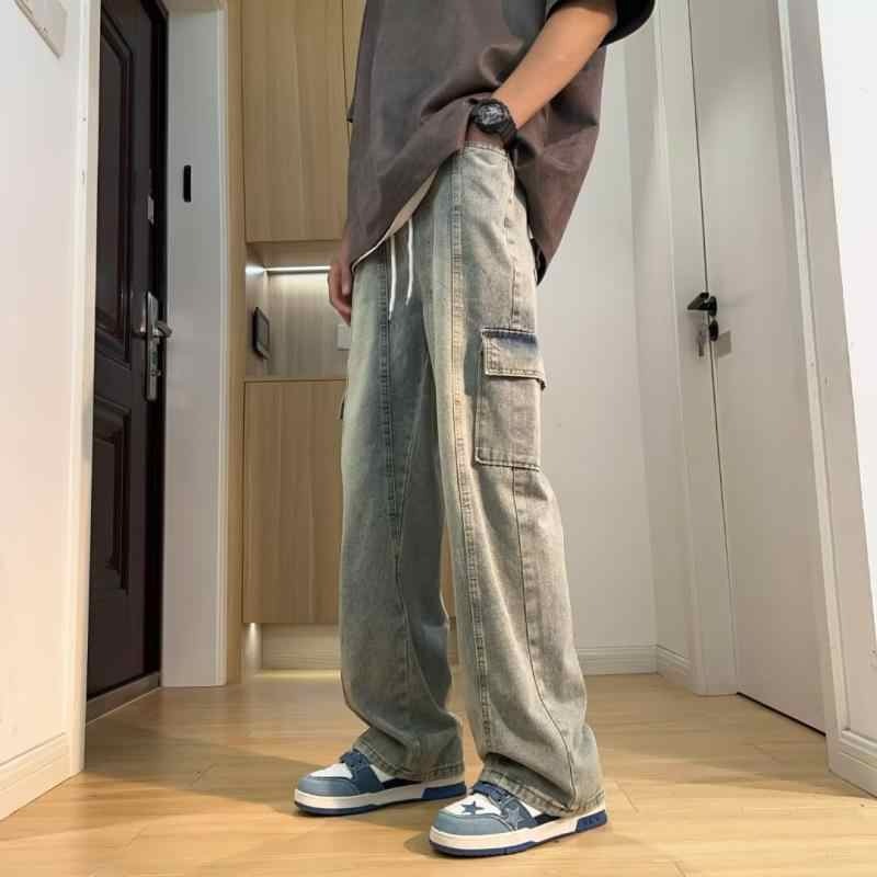 Jeans cargo con coulisse, stile retrò, alla moda, tinti di fango, gialli, per uomo e donna, pantaloni larghi, casual e a gamba dritta_voghion.com
