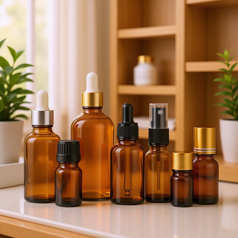 Supply of Brown Light-Proof Essential Oil Bottles, Glass Serum Bottles in Various Sizes, Massage Roller Ball Plastic Tip Dropper Essential Oil Bottles