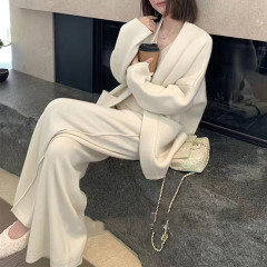跨境外贸秋冬时尚针织套装女慵懒毛衣外套+V领打底阔腿裤三件套女