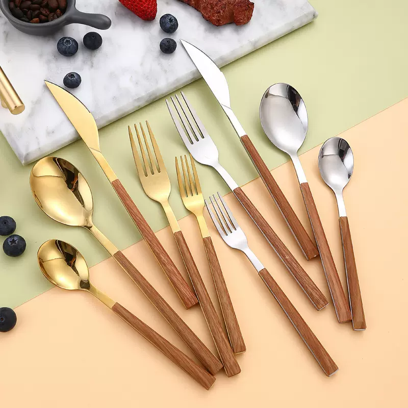 跨境网红ins不锈钢仿木柄牛排刀叉勺木纹夹柄葡萄牙西餐餐具批发