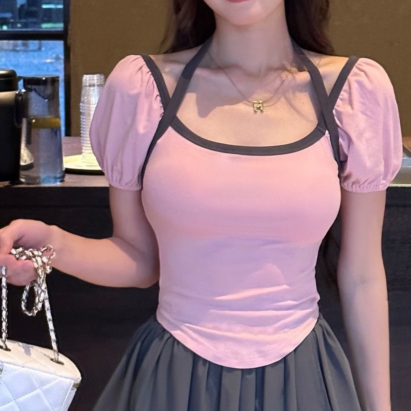 Blusa de verano con cuello colgante, clavícula baja, única y picante, cuadrada francesa, dulce temperamento, con retazos de burbujas y mangas cortas_voghion.com