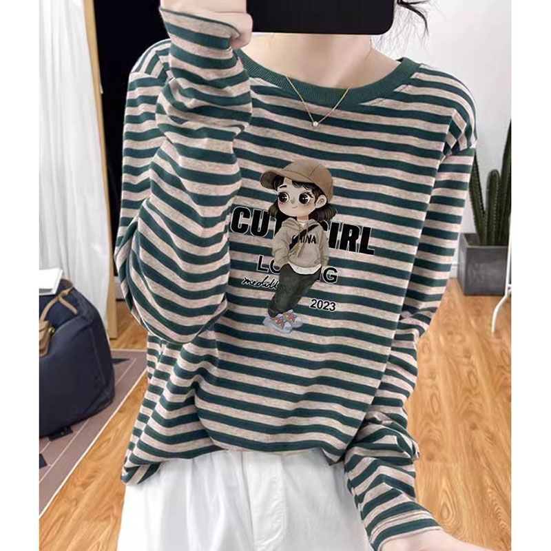 2026 New Autumn and Winter Striped Design Pure Cotton Long-Sleeve T-Shirt for Women, Korean Style Fashionable Versatile Top Base Shirt