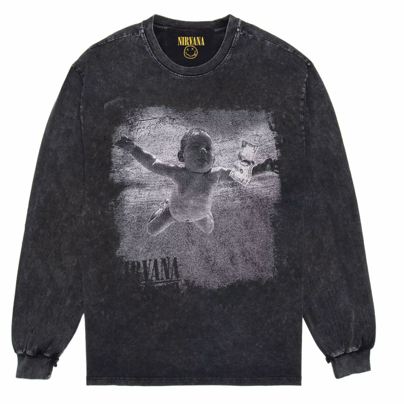 Nirvana Vintage American retro apenado rock punk angustiado lavado batik Camiseta de manga larga