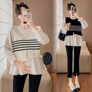 2025 New Maternity Spring Loose Striped Pregnant Women's Top Stitching Pregnant Women's Fake Two-piece Shirt Doll Shirt